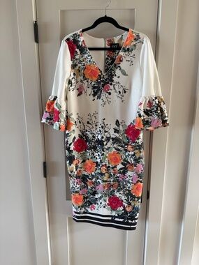 ECI Floral V-Neck Bell Sleeve Shift Dress - White with Multicolor Roses